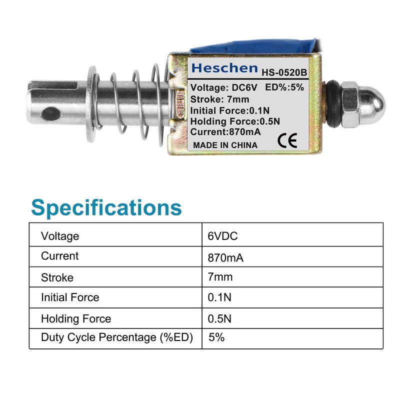 Hechen Solenoid Electromagnet, HS-0520B, DC6V 870mA, 7mm Stroke, Push Pull