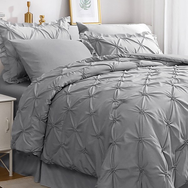 JOLLYVOGUE Queen Comforter Set 7 Pieces, Pintuck Gray Bed in a Bag Comforter Set for Bedroom, Beddding Sets with Comforter, Sheets, Ruffled Shams & Pillowcases