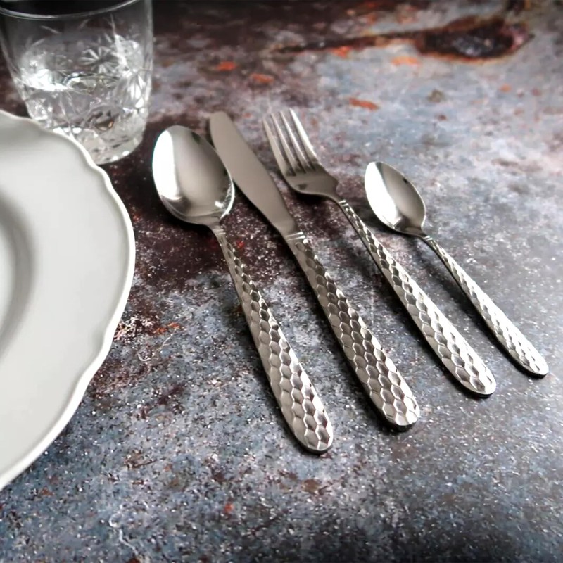 LunaLux Cutlery Set Hammered Silver 16-Piece Stainless Steel Flatware BestWayDigital