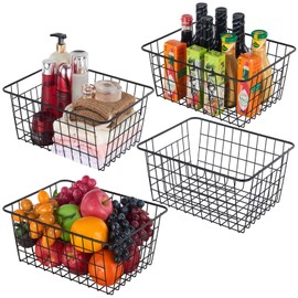 JUNCHU CHERRY 【Extra Large】Wire Storage Organization Basket 4 Pack, Perfect Kitchen Pantry Organization Storage Basket,Laundry Basket,Suitable for Countertop, Kitchen, Bedroom, Bathroom,Black