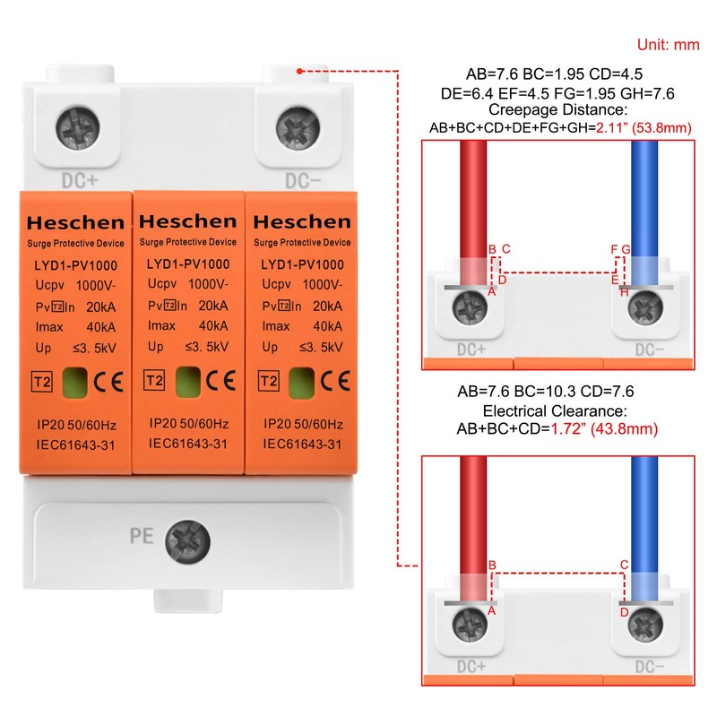 Heschen Surge Protection Device for PV, LYD1-PV1000, 3P 1000VDC 20KA,