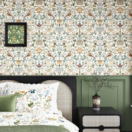 WESTICK Beige William Morris Wallpaper 17.5"x315" Vintage Peel and Stick Birds Floral Wallpaper Boho Botanical Wall Paper Self Adhesive Floral Contact Paper for Bedroom Bathroom Living Room Cabinets