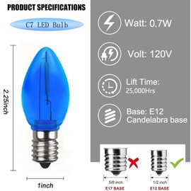 NICONIK 10 Pack Christmas Replacement Blue Bulbs,Outdoor Individual LED Bulbs for Events, Holiday Parties, Patios C7/E12 Candelabra Base,Shatterproof Plastic