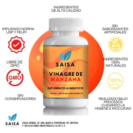 Vinagre de Manzana Orgnico 120 Cps SAISA HERBAL  Suplemento Natural  Digestin, Antioxidante y Apoyo Metablico  100 Puro                               