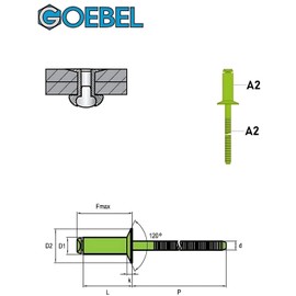 GOEBEL® - 1000 x countersunk rivets with grooved rivet mandrel stainless steel A2 (V2A) (diameter x length) 3.2 x 10.0 mm - ISO15984 - countersunk head blind rivets with grooved rivet mandrel - pop