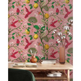Coloritto Pink Hummingbird and Lemon Tree Wallpaper | Removable Self Adhesive Birds Mural | Botanical Peel and Stick Wallpaper (Sample 12" W x 8" H)