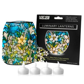 MODGY Luminary Decorative Lanterns for Indoor, Outdoor, Wedding Table Centerpiece Decor 4-Pack, with Flameless Floating LED Candles, Louis C. Tiffany Field of Lilies