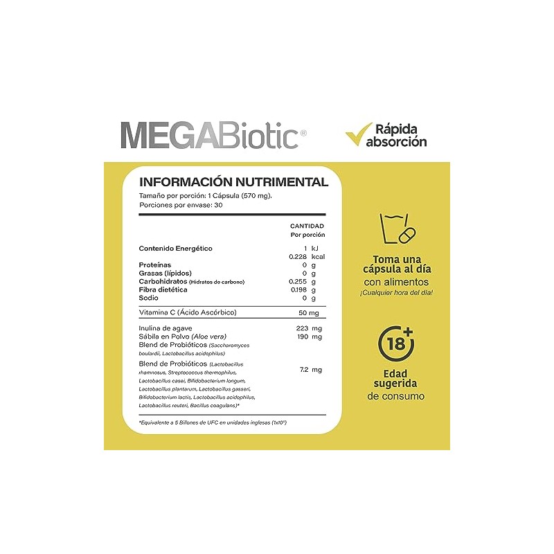Megabiotic Probióticos Billones Cepas Días Prebióticos Inulina Agave Lactobacilos Aloe