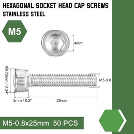 QUARKZMAN Pack of 50 M5-0.8 x 25 Cylinder Screws with Hexagon Socket Cylinder Head Screws Stainless Steel 304 Full Thread Allen Screw Fasteners for Machines