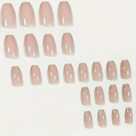 Glitter French Tip Press on Nails Short Square Fake Nails Full Cover Nude Pink False Nails Glossy Stick on Nails Simple Style Glue on Nails for Women and Girls Holiday Nail Art Accessories