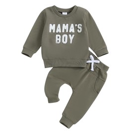 fhutpw Fall Baby Boy Clothes Toddler Embroidery Little Dude Print Long Sleeve Sweatshirt Tops Solid Pants Winter Outfits (Mamas Boy Army Green, 18-24 Months)