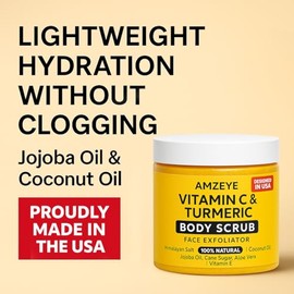 Vitamin C & Turmeric Body Scrub, Natural Face Exfoliator, Himalayan Salt with Coconut Oil, Jojoba Oil, Aloe Vera, Vitamin E, Cane Sugar