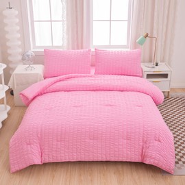 Yadangxiawa Pink Comforter Sets King Size, Pink Seersucker Bedding Set 3-Pieces Bed in a Bag Microfiber Lightweight Comforter All Season Bedding Sets with 2 Pillowcases