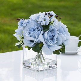 ENOVA FLORAL Rose Small Artificial Flowers in Vase, Blue Silk Floral Arrangement in Vase with Faux Water for Home Decorations, Wedding Event (Blue)