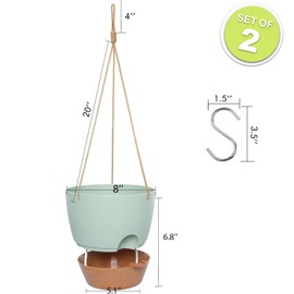 8 inch Hanging Planters, 2 Pack Self Watering Hanging Pots with 20oZ Deep Reservoir for Indoor Outdoor Plants Flowers, Green with Brown