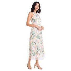 Maggy London Women's Dresses Floral Embroidered Halter Neck Midi Dress with Back V-Neck, Red/Pink, 0