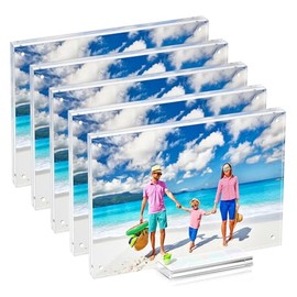 laapee 5 Pack 4x6 Magentic Acrylic Picture Frame, Clear Double Sided Frame with Base, Frameless Floating Lucite Photo Frame Stands on Desk Table Horizontally or Vertically