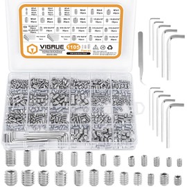 VIGRUE 1105PCS 25 Sizes Metric & SAE Set Screw Assortment Kit Internal Hex Drive Allen Grub Screws Set Cup-Point 304 Stainless Steel, M3 to M8 and 1/8-40 to 5/16-18