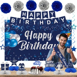 Trgowaul - Decoraciones de feliz cumpleaños para hombres y mujeres, juego de 22 piezas de cumpleaños azul, fondo de bandera de cumpleaños azul marino, bolas de panal y remolino colgante, suministros