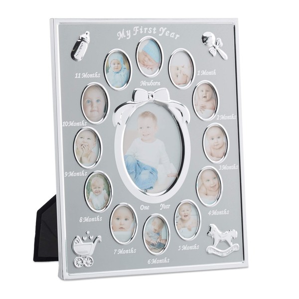 Relaxdays Nursery Picture Frame for 13, Month Aluminium Photo Calendar, 29 x 24 cm, Display Collage, Silver, 29 x 24 x 0.85 cm