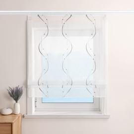 ESLIR Roman Blind White Roman Curtain with Velcro Tape Curtains Kitchen Transparent Ribbon Blind Voile Embroidered with Waves Pattern Grey W x H 60 x 140 cm 1 Piece