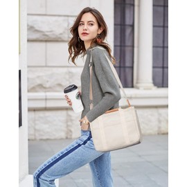 ABOUME Canvas Tote Bag with Multi-Pocket for Women Large Capacity Crossbody Shoulder Handbag Everything Tote Bag with Compartments (Beige,XL)