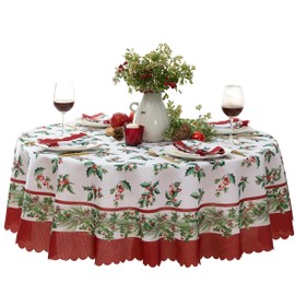 Newbridge Christmas Green and Red Nature’s Poinsettia Scalloped 70 Inch Round Holiday Fabric Tablecloth