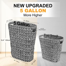 Coeusy 5 Gallon Wicker Trash Can,Wicker Bathroom Trash Can with Handles,Handwoven Waste Basket Waterproof Narrow Small Garbage Can for Bedroom,Bathroom,Office,Grey/20 Liters