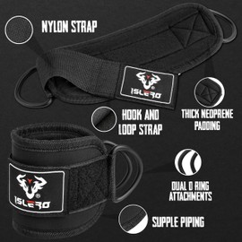 Islero PAIR of Double D Ring Ankle Cuffs Weight Lifting Leg Workout Pulley Cable Machines attachment Hook Gym Straps Neoprene padded support wraps Bodybuilding SOLD AS PAIR (Matte Black)