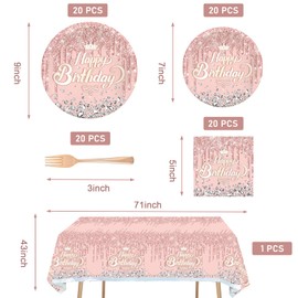 81 PCS Vajilla para fiesta de cumpleaños,juego de vajilla desechable para fiesta,platos, tenedores, pañuelos y manteles,20 invitados,adecuado para fiestas de cumpleaños de niños y niñas (Rosa)