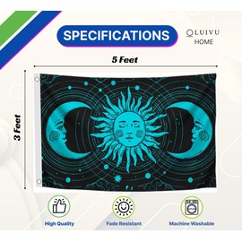 3x5 Feet Feet Sun and Moon Celestial Hippie Black Art Polyester Flags with 2 Grommets - Spring Summer Holiday Garden Decor for Outside or Inside - Single Sided Banner Decor For Courtyard Porch Lawn