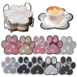 10 Pieces Diamond Painted Coasters with Stand, Diamond Art Coasters, Dog Paw Shaped Coasters, DIY Table Decoration Coasters, Glitter Decorative Table Ornaments