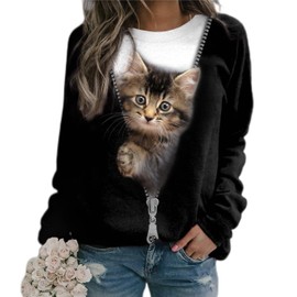 ShallWe Women's Active Sweatshirts Cute Cat Pullover Crewneck Lightweight shirts Novelty Casual Tunics Tops Fashion Spring Black