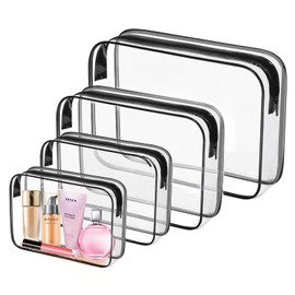 Tavvke 4 Pack Clear Toiletry Bags for Travel, TSA-Approved Waterproof Zippered Bags, Transparent PVC Cosmetic and Makeup Organizers for Airport, Vacation, Beach, and Bathroom (Black)