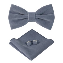 HOULIFE Men's Bow Tie Set - Adjustable Velvet Bow Tie, Pre-Tied Bow Tie, Plain Pocket Square, Cufflinks Set for Groom Wedding Formal with Gift Box, silver-grey