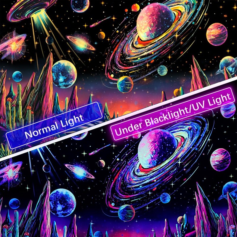 Tushelia Blacklight Galaxy Space Tapestry Neon Planet UFO Tapestries UV