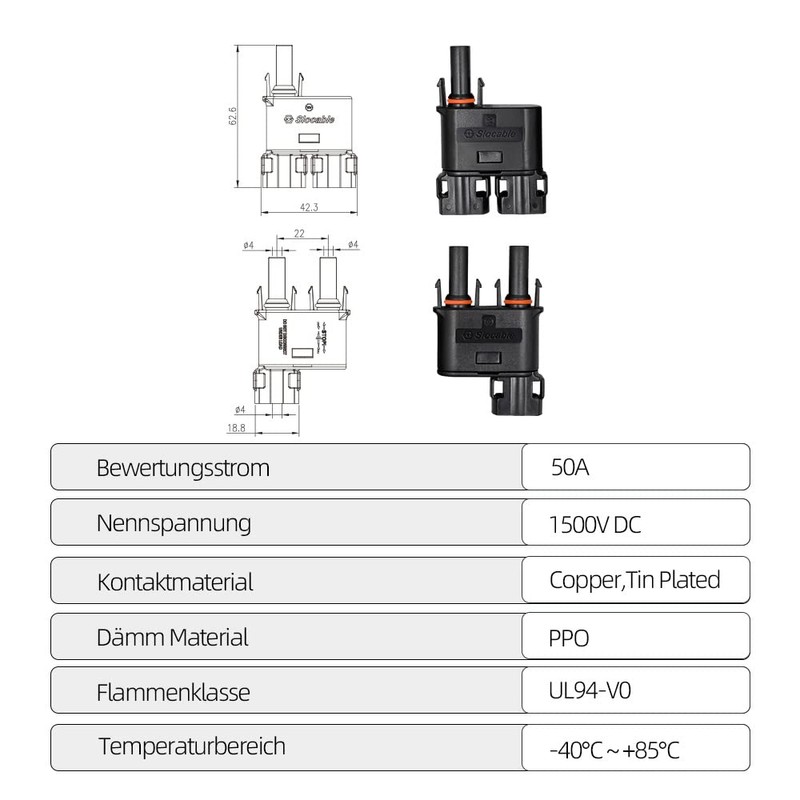 HandGold 1500V DC Solar Y Connector, 2-Way Distributor, IP68 Waterproof