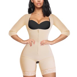 MERYOSZ Full Body Waist Trainer for Women Zipper Tummy Control Bodysuit Upper Arm Shaper Open Bust Slimmer Corset Shapewear (Beige, L)