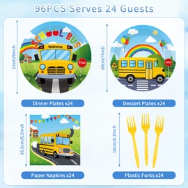 MOIZYNG 96 PCS Back to School Bus Plates and Napkins Party Supplies, Disposable Yellow Bus Rainbow Tableware Set for First Day of School Birthday Kindergarten Party Favors, Serve 24 Guests