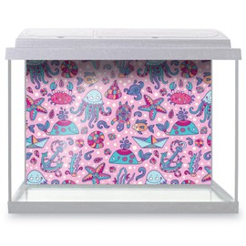 DV DESIGN Aquarium Fish Tank Background 32x21 cm - Sea Creatures Seamless Pattern Illustration Pink Marine Static Cling Vinyl Vivarium Terrarium External Application #500169
