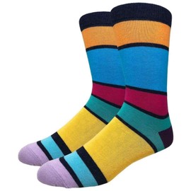 COUVER Men's Cotton Luxury Colorful Striped Casual Crew Dress Socks, Heather Navy/Orange/Sky etc.., Size 8 to 13