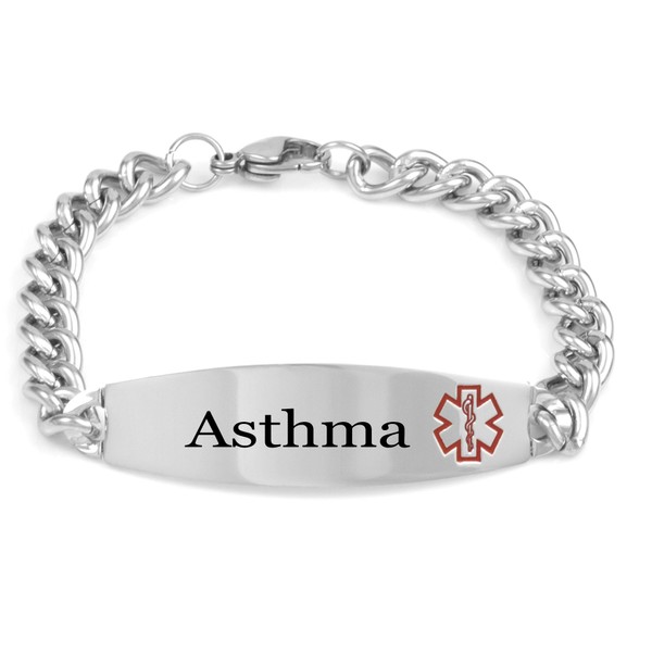 StickyJ USA Asthma Medical ID Stainless Steel Link Bracelet 7.5 in