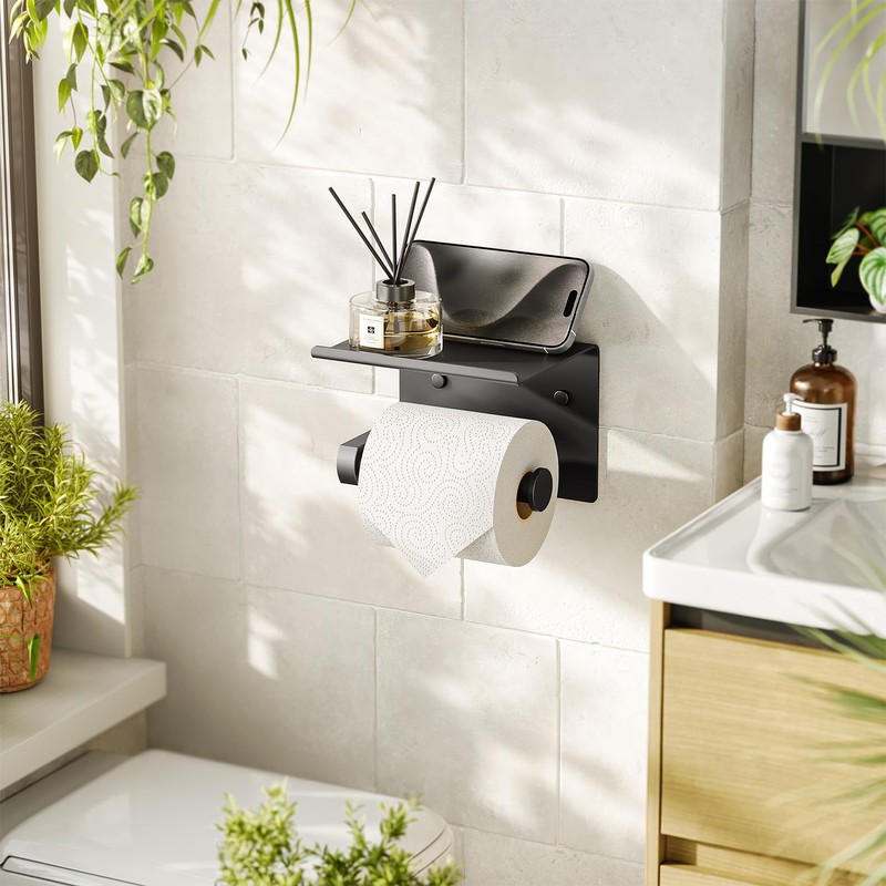 Tindbea Toilet Paper Holder with Phone Shelf, Adhesive or Screw
