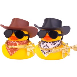 Mwmoeen Rubber Duck for Car Dashboard Decorations, Pack of 2 Yellow Duck Car Ornaments with Cowboy Hat Scarf Sunglasses Gold Chain and Cool Props for Car, Office, Home Decoration