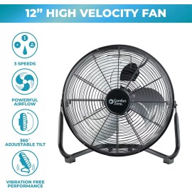 Comfort Zone 12" Cradle Floor Fan, 3 Speeds, All Metal, 180 Degree Tilt