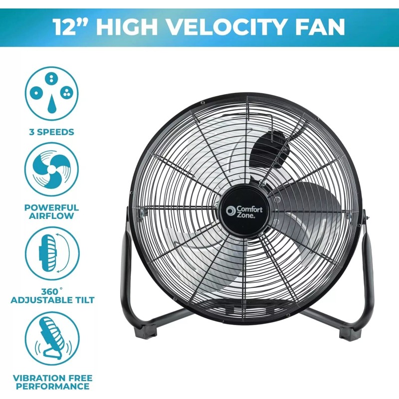 Comfort Zone 12" Cradle Floor Fan, 3 Speeds, All Metal,