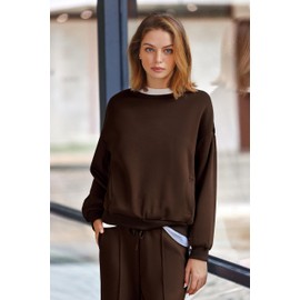 PINSPARK Two Piece Sets for Women Long Sleeve Crewneck Sweatshirts Athletic Straight Leg Lounge Set Tracksuit Outfits Fall 2024 Espresso L