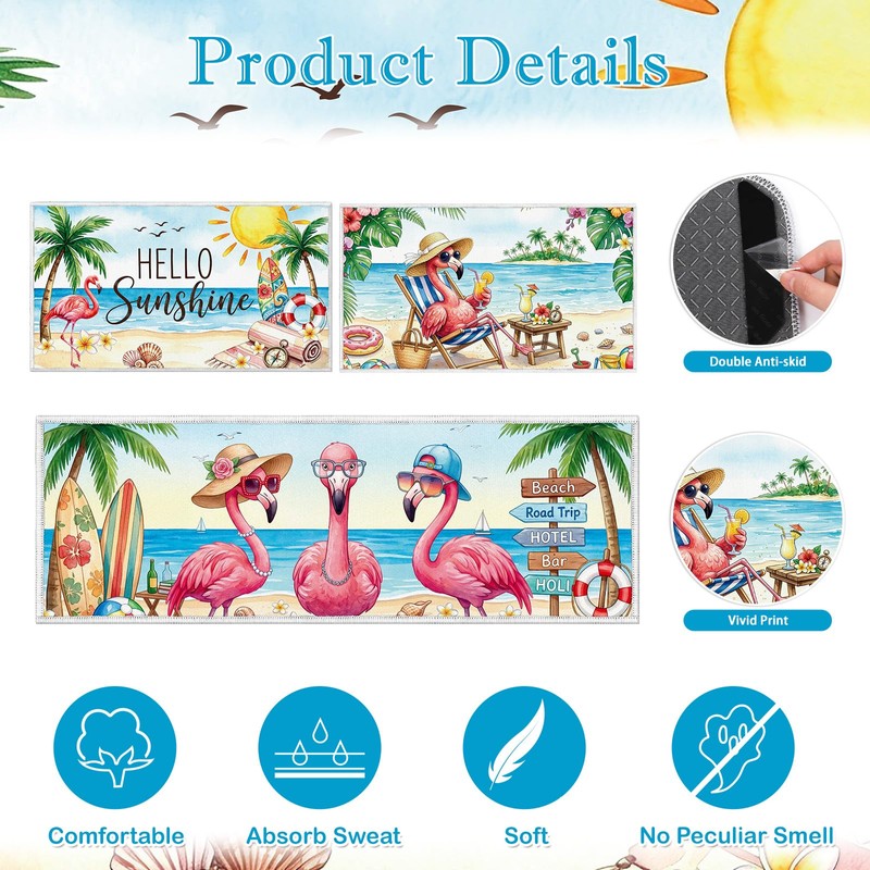 Yoyuspy Flamingo Summer Kitchen Mats Set of 3 Non Slip