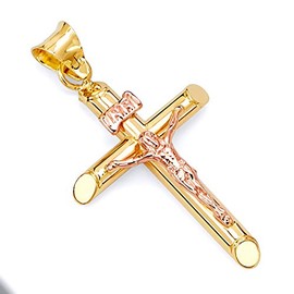 TWJC 14k REAL Two Tone Gold Religious Crucifix Jesus Cross Charm Pendant (35 x 15 mm)