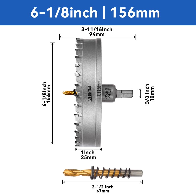 Mollom (6-1/8''|156mm) Heavy Duty Carbide Hole Saw with 2 Pilot